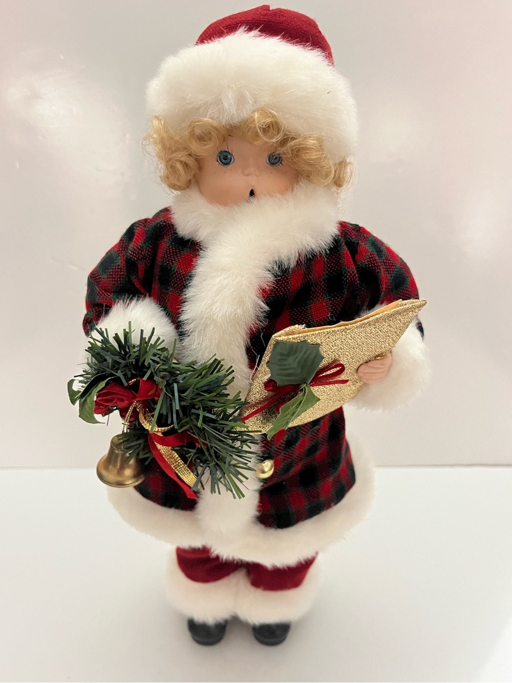 Vintage Christmas Caroler Doll Red Buffalo Plaid Faux Fur Approx 16"